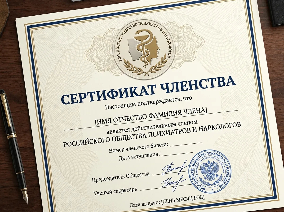 Свидетельство о членстве в Российском обществе психиатров и наркологов, официальный документ с гербом
