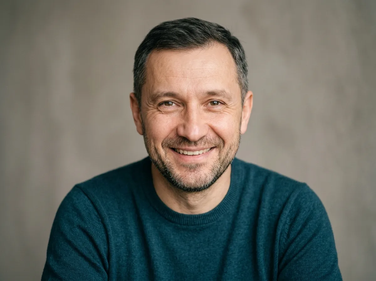 Аватар мужчины по имени Сергей из Самары, портрет пациента, нейтральный фон, довольное лицо